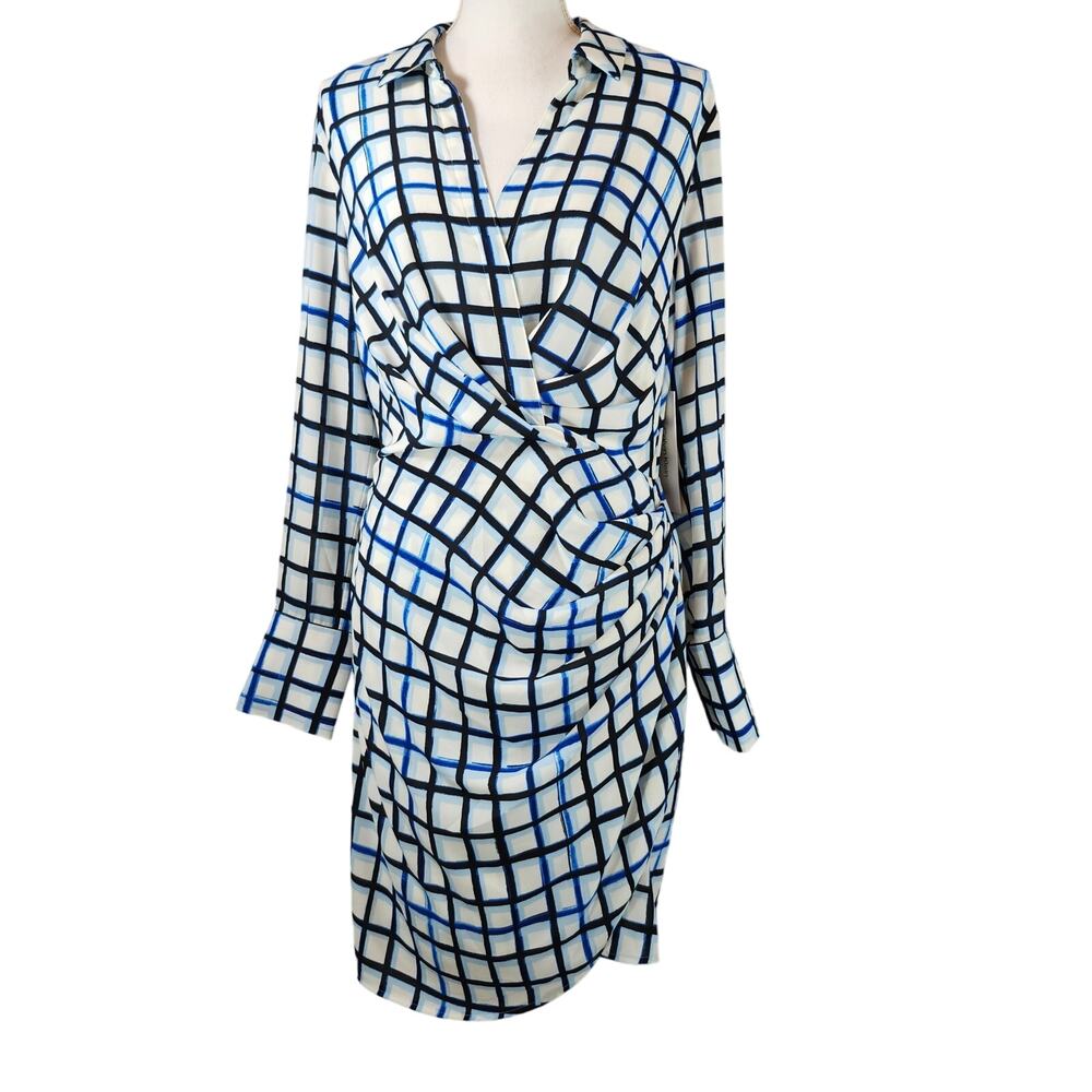 New Calvin Klein Draped  Dress Blue Checkered Print Large Career Officewear NWT